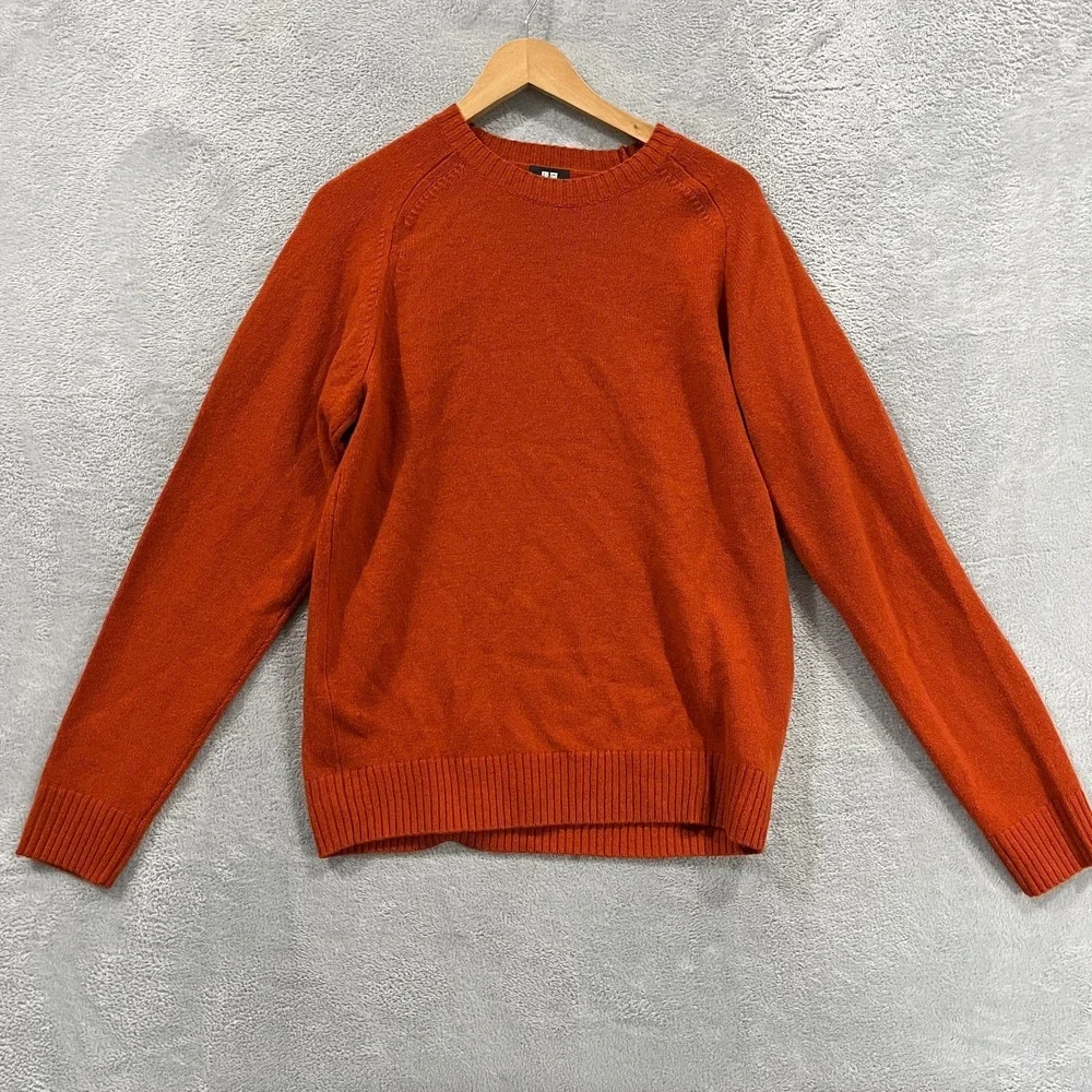 Uniqlo Sweater Mens Medium Orange Knitted Wool Long Sleeve Crewneck Pullover